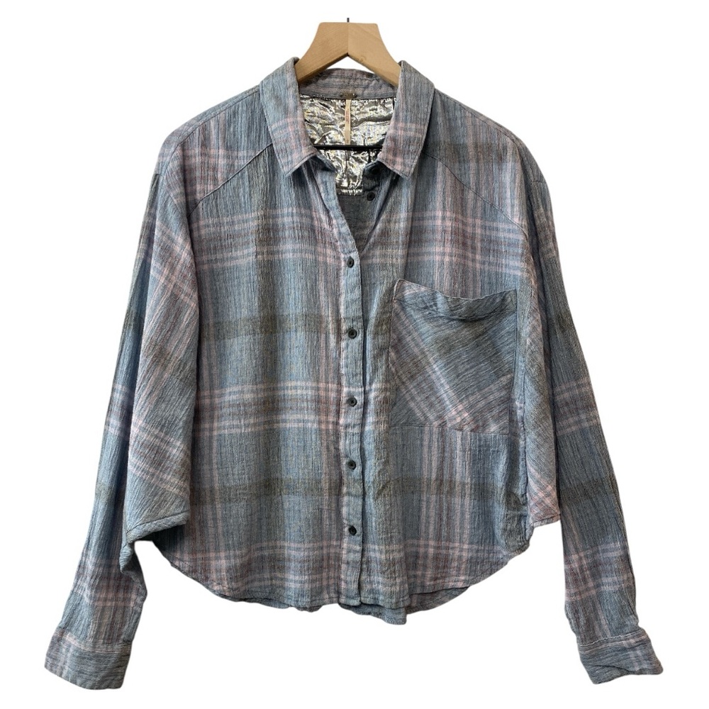 Free People Cutie Plaid Button Front Top Size L Cropped Blue Gray Pink Cotton